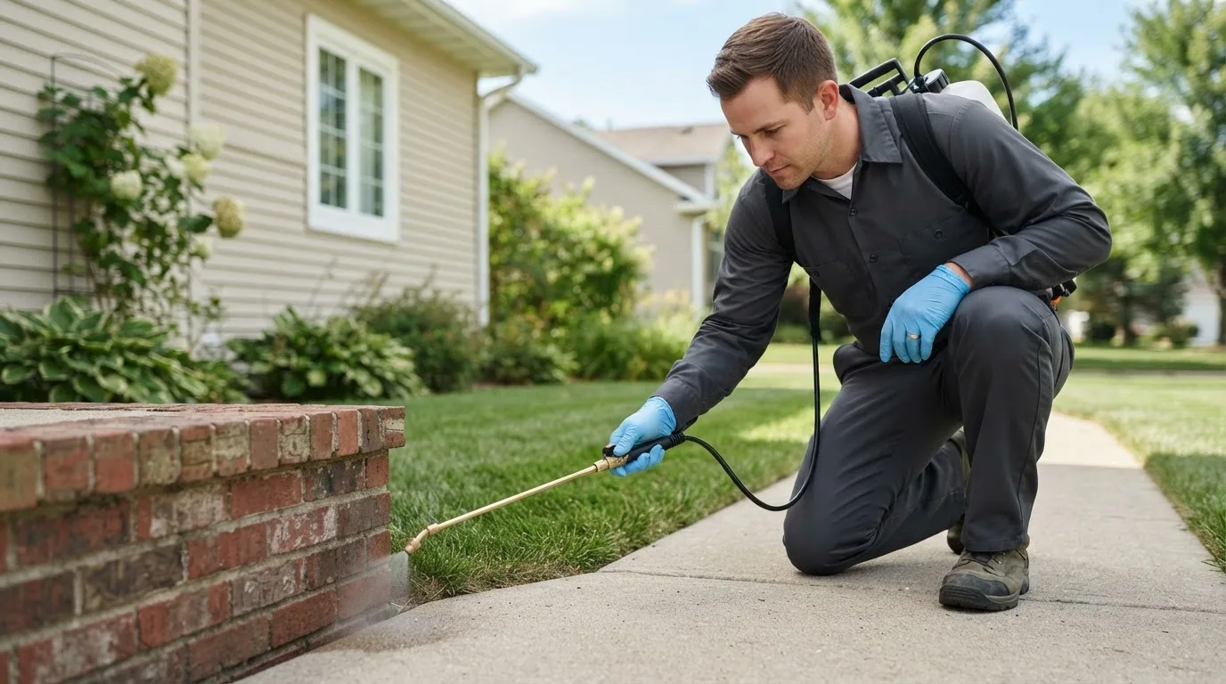 Pest control technician treating a home near Mooresville, AL