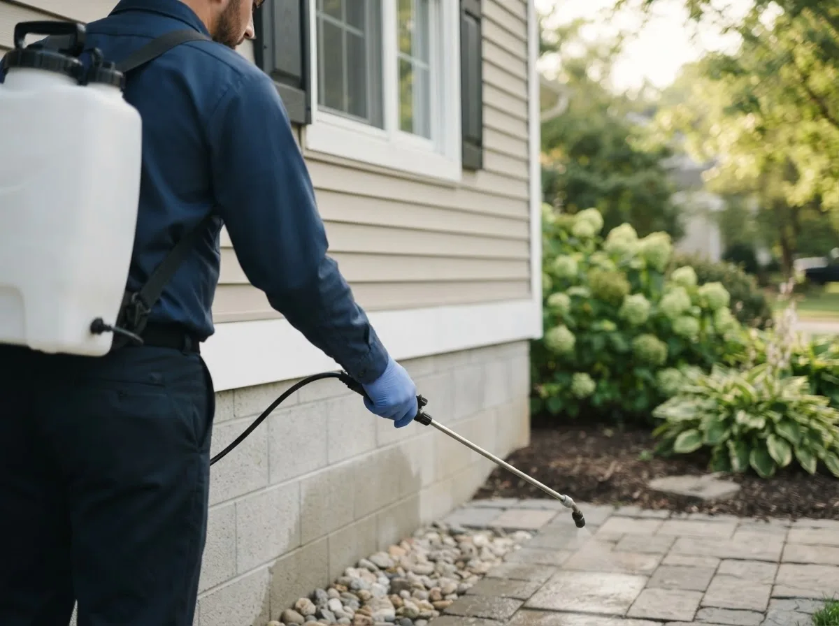Pest control technician inspecting a home in Mooresville, AL